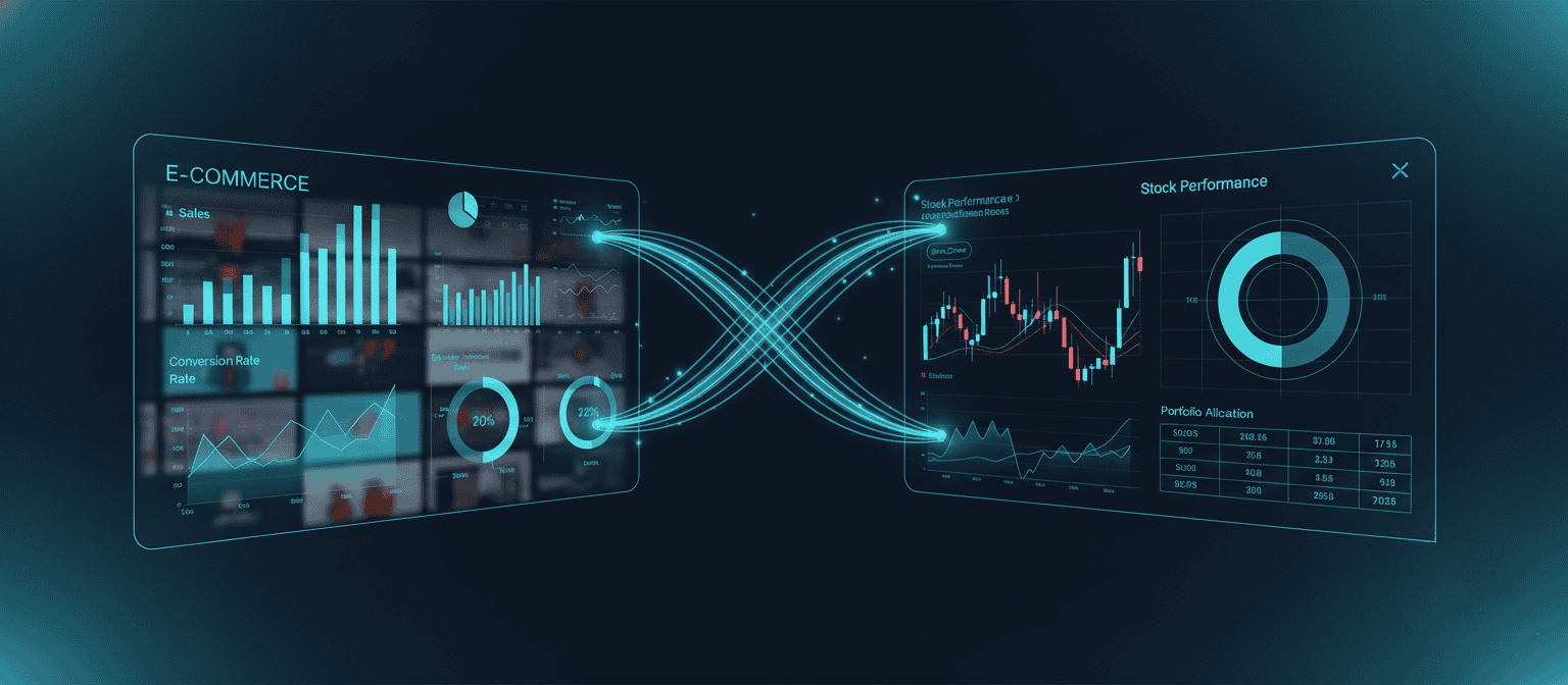Split composition: left side shows ecommerce product grid with analytics dashboard overlay, right side shows financial charts and portfolio data, connected by flowing data streams, dark blue and teal gradient, professional, no text, no faces - photorealistic composite, commercial tech, GCP blues and teals"