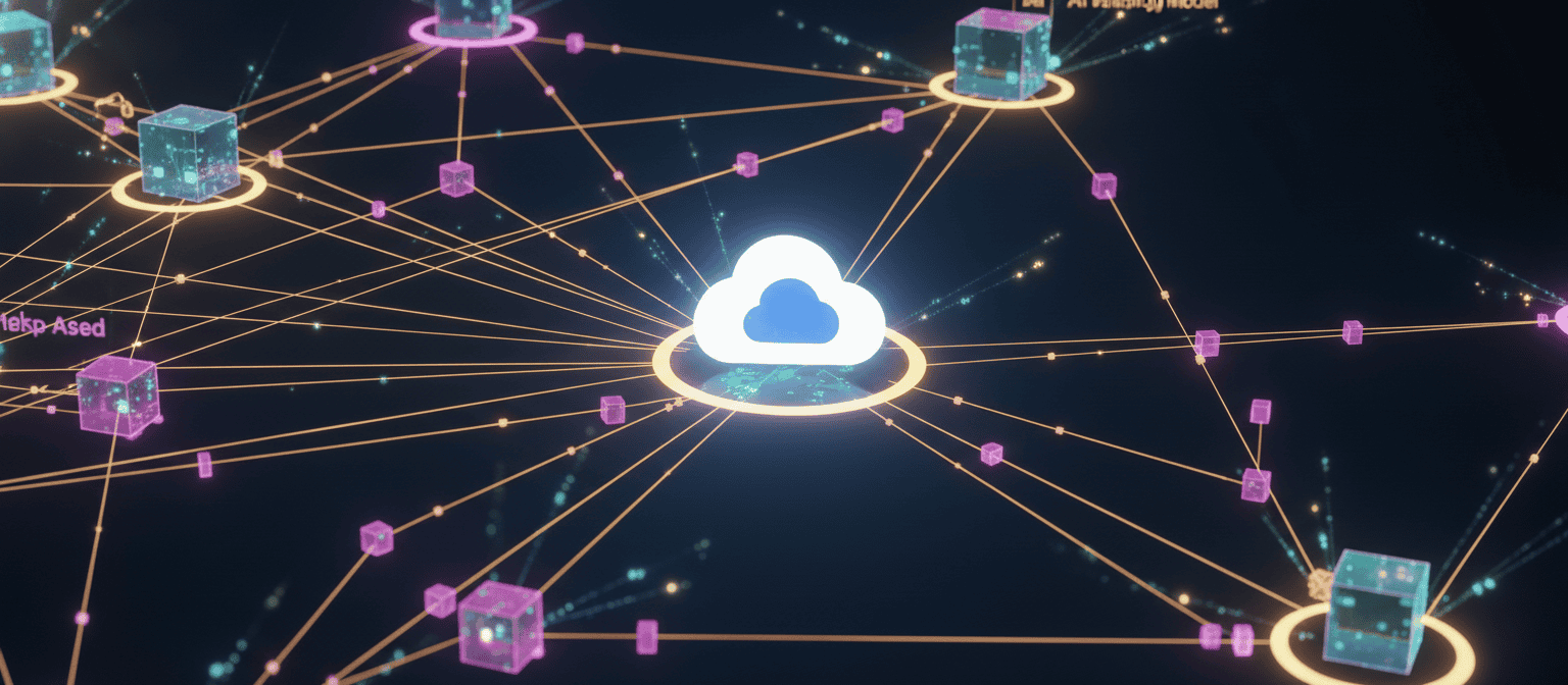 Abstract AI agent network diagram, interconnected nodes representing different AI agents, data flowing between them, Google Cloud icon visible, clean dark background with glowing teal connection lines, no text, technical illustration, clean, professional, dark background, teal accent lines"