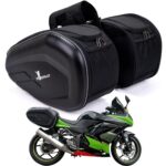 Spartan.ist Premium motorcycle saddlebags in black with a carbon fibre effect outer panel, shown as a pair alongside a green sports bike with the bags fitted to the rear seat.