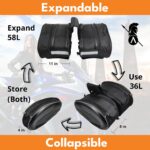 Infographic showing the motorcycle saddlebags expanding from 36 litres in use to 58 litres, and collapsing to 4 inches deep for storage.
