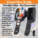 Visual size guide showing everyday items packed into one saddlebag at standard size, including a drink bottle, tinned food, a toilet roll, a book and a power bank.
