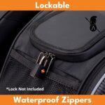 Close-up of a padlock fitted through the waterproof zipper pulls on the saddlebag. Lock not included.