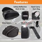 Features overview showing reflective strips on the back and side, a hand carry handle for each bag, 18 by 8 by 12 inch dimensions, and one external plus four internal mesh pockets.