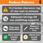 Motorcycle fitment guide: 13.2 inches of clearance needed between the top of the rear seat and the exhaust, a rear seat is required, adequate fairings or saddlebag supports needed, and measure your bike first.