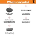 What is included: a set of left and right saddlebags, two seat attachment webbing straps, one bag to bag securing strap, four frame attachment straps and two flat plastic strips for rigidity.