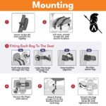 Six step mounting guide: insert the rigidity strips, lift the seat and attach the straps, fit each bag to the seat, secure the flaps with velcro, attach the frame straps and tighten the bottom strap.